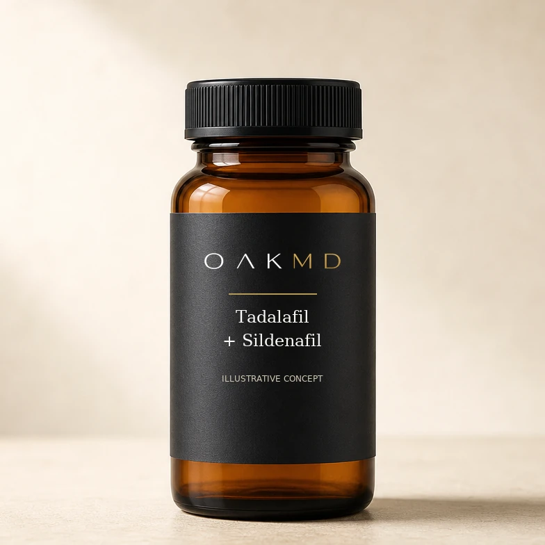 Tadalafil + Sildenafil — illustrative OakMD packaging concept