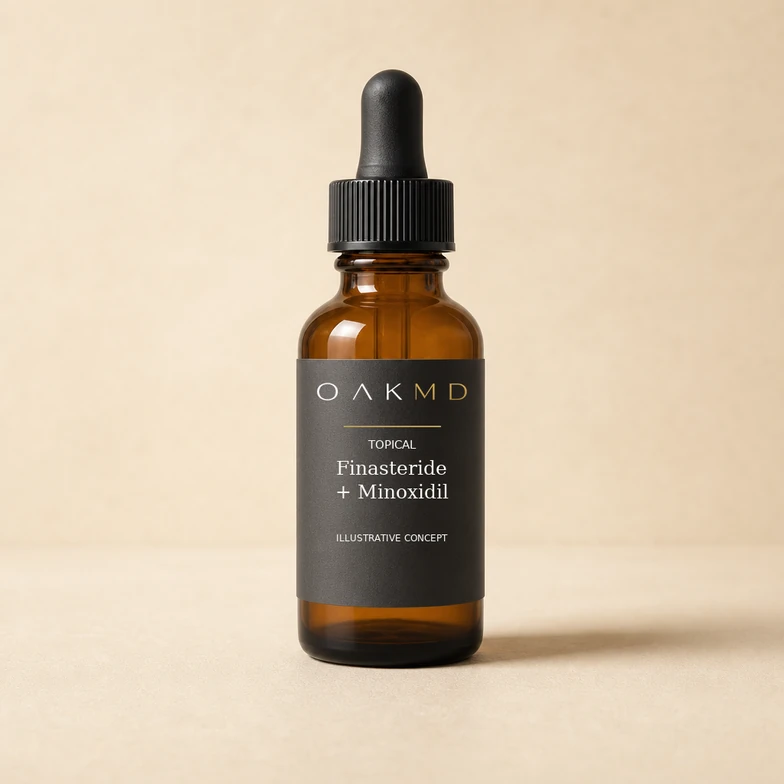 Topical Finasteride + Minoxidil — illustrative OakMD packaging concept