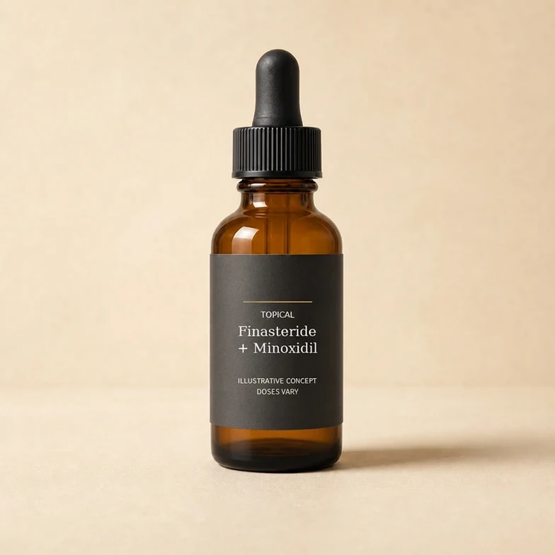 Topical Finasteride + Minoxidil — illustrative medication packaging concept